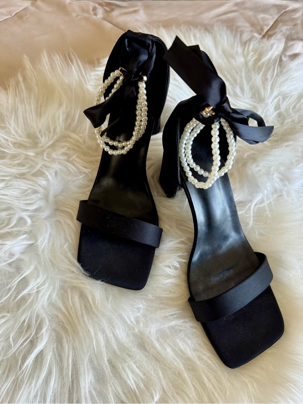 Black Pearl-Embellished Satin Heels - Women's Evening Sandals